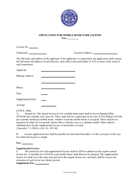 First page of the Application for Mobile Home Park License