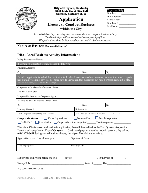 First page of the Application to Conduct Business