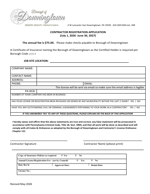 First page of the Contractor Registration Application