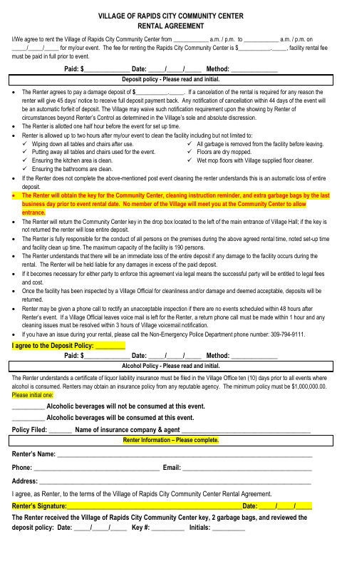 First page of the Community Center Rental Agreement