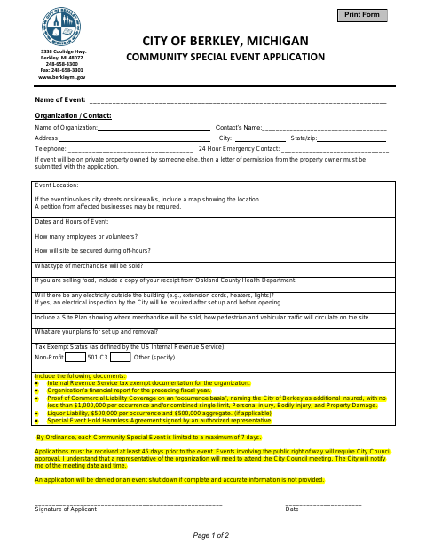 First page of the Community Special Event Application