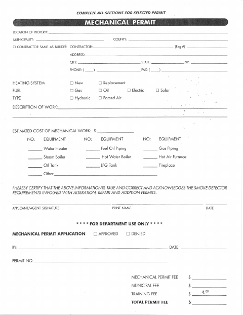 First page of the Mechanical Permit Application