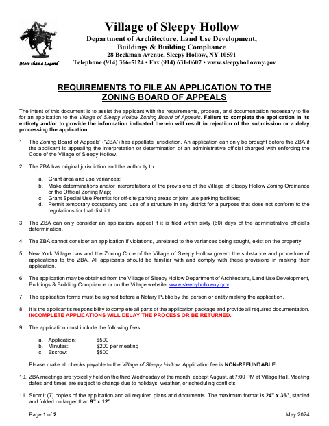 First page of the Zoning Board of Appeals Application Package