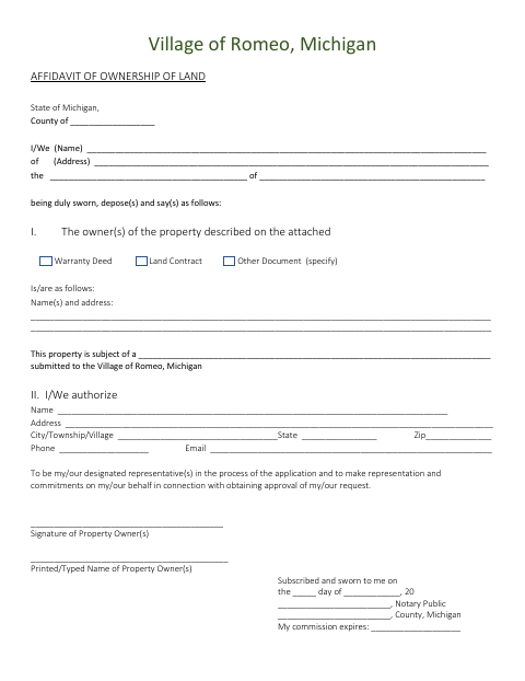 First page of the Affidavit of Ownership of Land