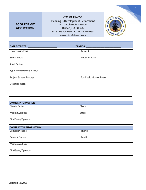 First page of the Pool Permit Application