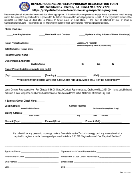 First page of the Rental Housing Inspection Program Registration Form