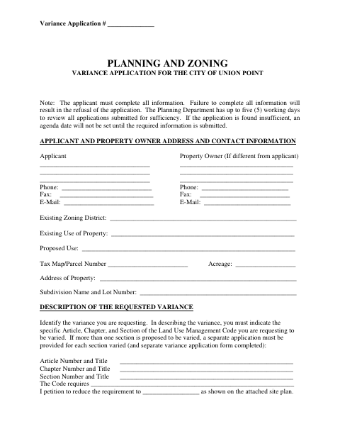 First page of the Planning And Zoning Variance Application