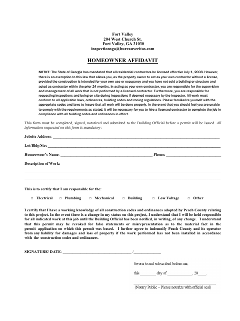 First page of the Homeowner's Affidavit Form