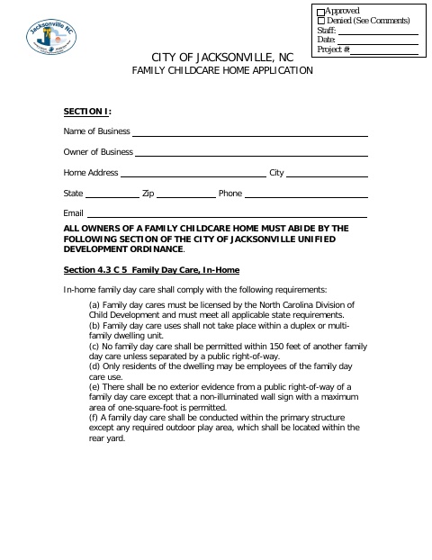 First page of the Family Childcare Home Application