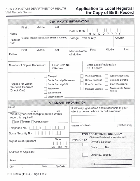 First page of the Application to Local Registrar for Copy of Birth Record