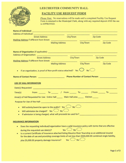 First page of the Leechester Community Hall Facility Use Request Form