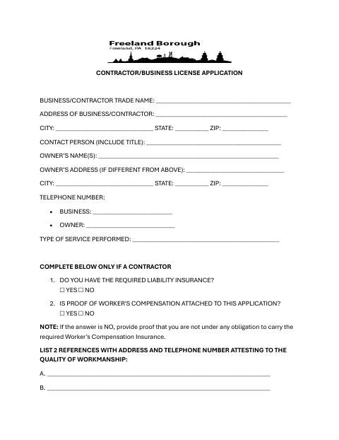First page of the Contractor/Business License Application