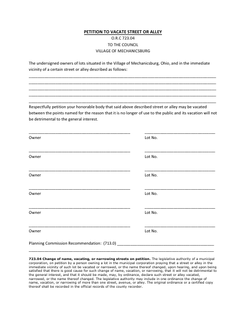 First page of the Petition to Vacate Street or Alley
