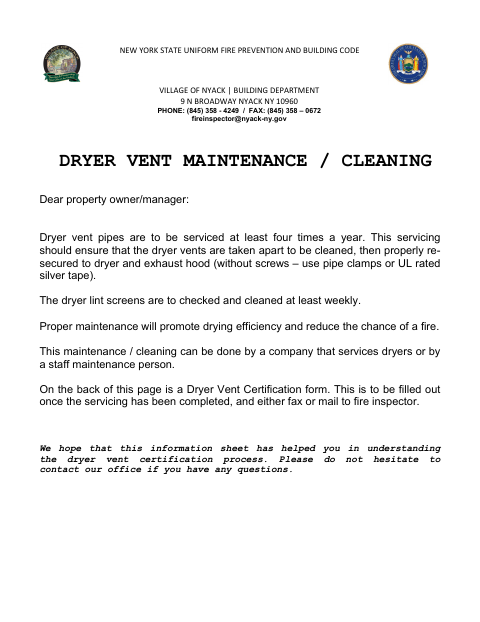 First page of the Dryer Vent Certification Form