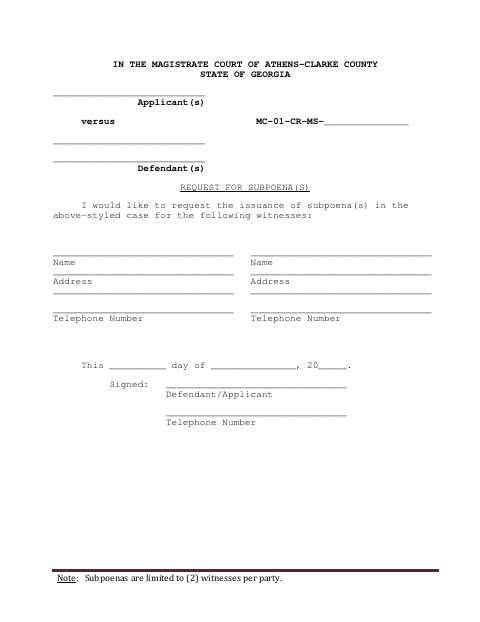 First page of the Request for Subpoena(s)