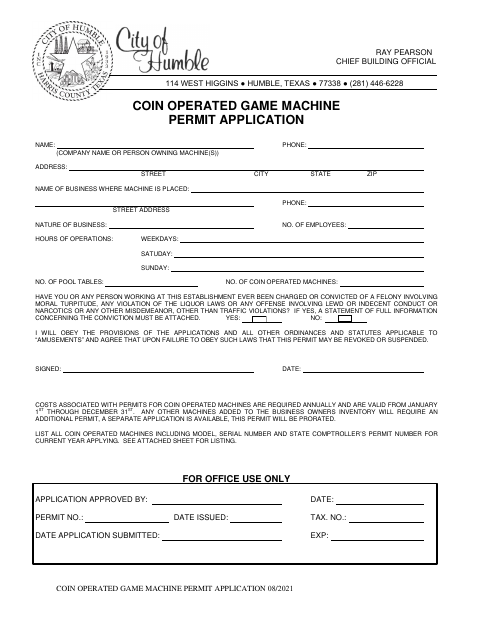 First page of the Coin Operated Game Machine Permit Application