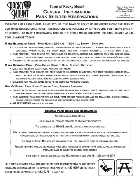 First page of the Park Shelter Reservation Agreement