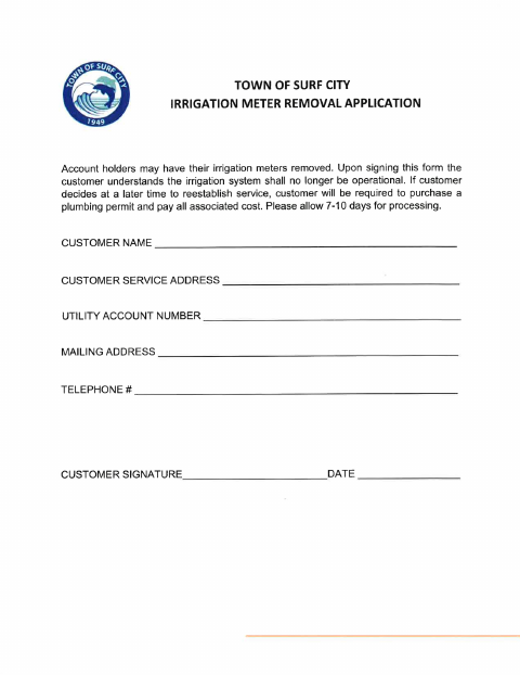First page of the Irrigation Meter Removal Application