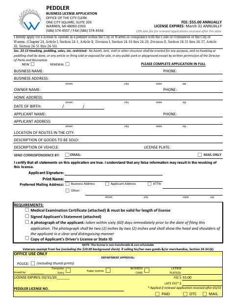 First page of the Peddler Business License Application