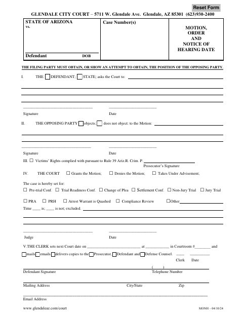 First page of the Motion, Order And Notice Of Hearing Date