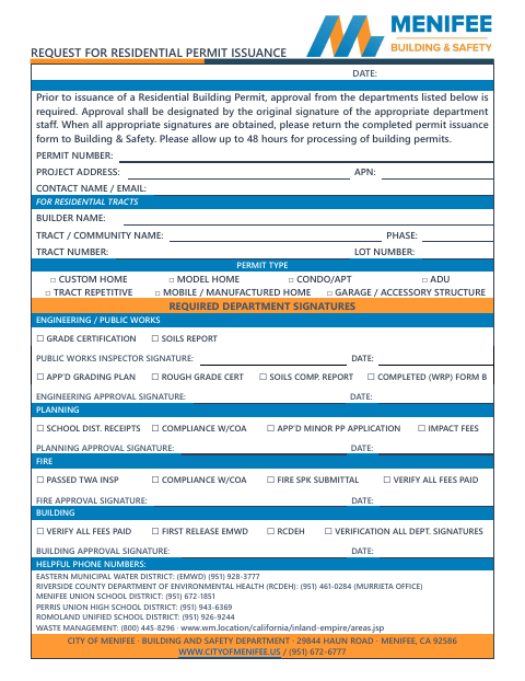 First page of the Request for Residential Permit Issuance
