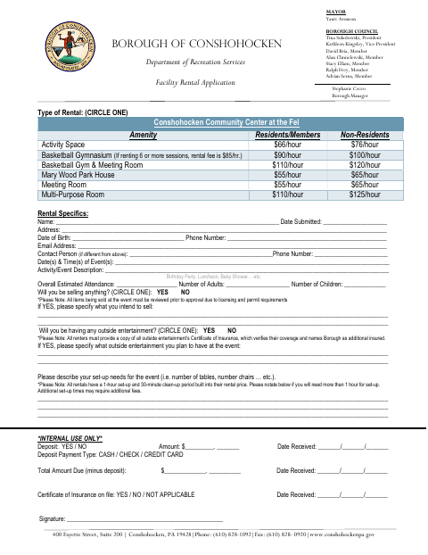 First page of the Facility Rental Application
