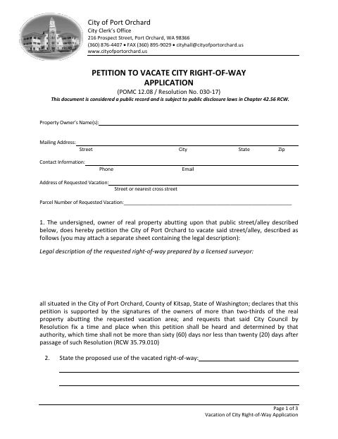 First page of the Petition to Vacate City Right-of-Way Application