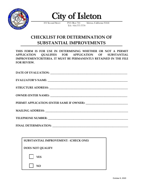 First page of the Checklist for Determination of Substantial Improvements