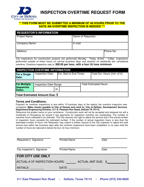 First page of the Inspection Overtime Request Form