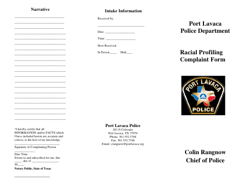 First page of the Racial Profiling Complaint Form