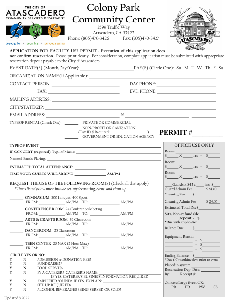 First page of the Colony Park Community Center Facility Use Permit Application