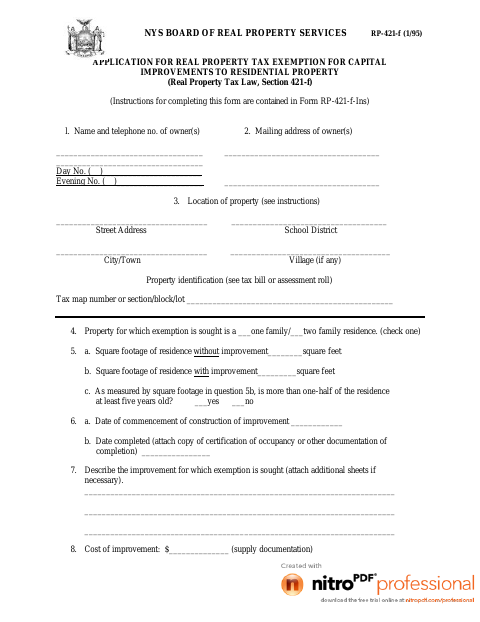 First page of the Application for Real Property Tax Exemption for Capital Improvements to Residential Property