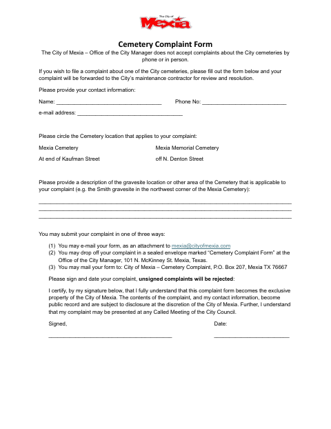 First page of the Cemetery Complaint Form