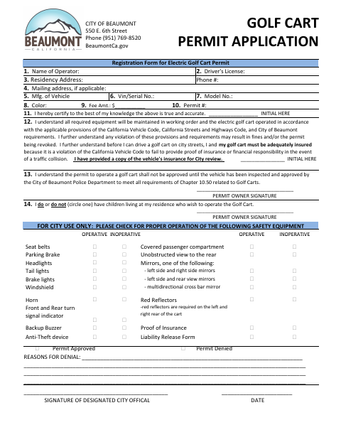 First page of the Electric Golf Cart Permit Registration Form