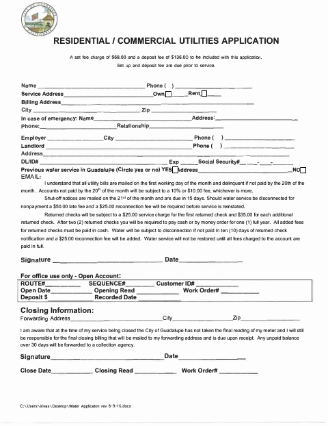 First page of the Residential / Commercial Utilities Application