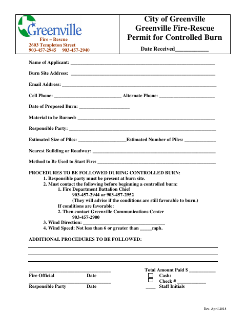 First page of the Residential Burn Permit