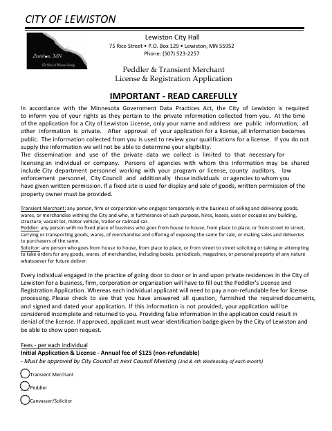 First page of the Peddler and Transient Merchant License Application