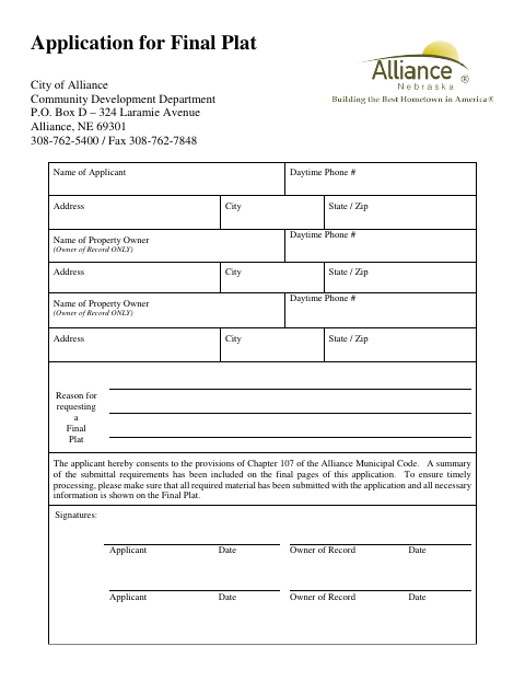 First page of the Final Plat Application