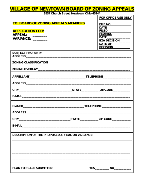 First page of the Application for Board of Zoning Appeals