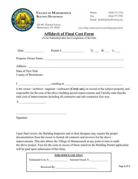 First page of the Affidavit of Final Cost Form