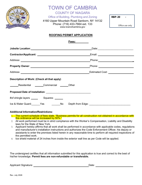 First page of the Roofing Permit Application