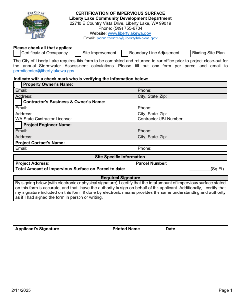 First page of the Certification of Impervious Surface