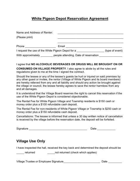 First page of the Depot Reservation Agreement