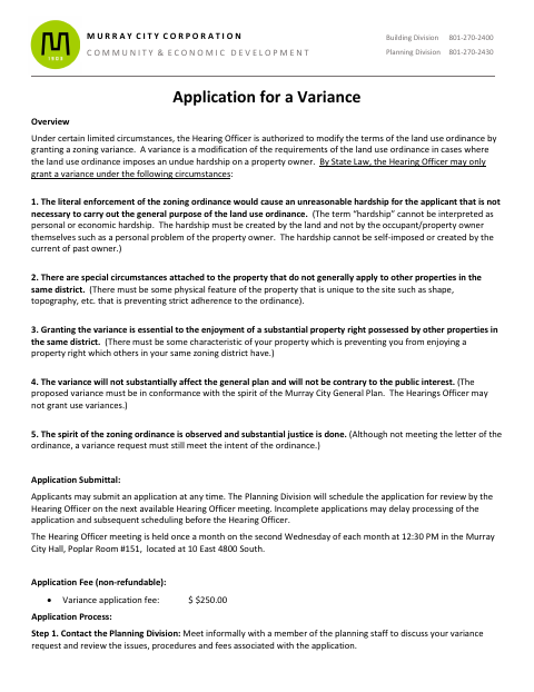 First page of the Application for a Variance