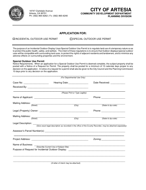 First page of the Incidental and Special Outdoor Use Permit Application