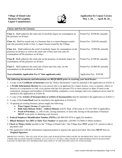 First page of the Liquor License Application