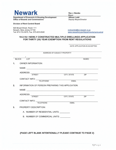 First page of the Newly Constructed Multiple Dwellings Application