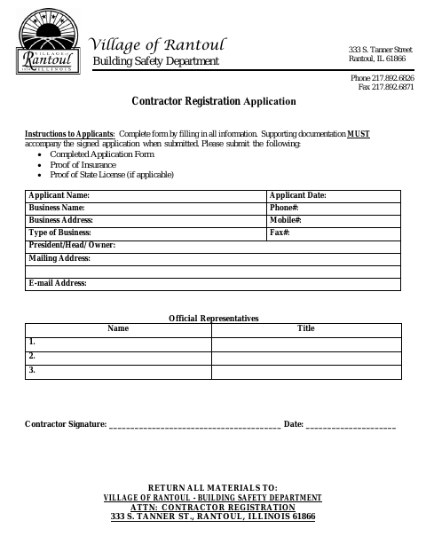 First page of the Contractor Registration Application