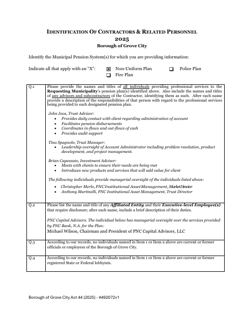 First page of the Identification of Contractors & Related Personnel 2025