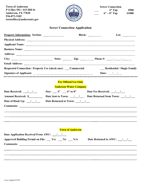 First page of the Sewer Connection Application
